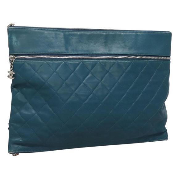 CHANEL Matelasse Clutch Bag Leather Blue Silver CC Auth bs27337 - Picture 1 of 16